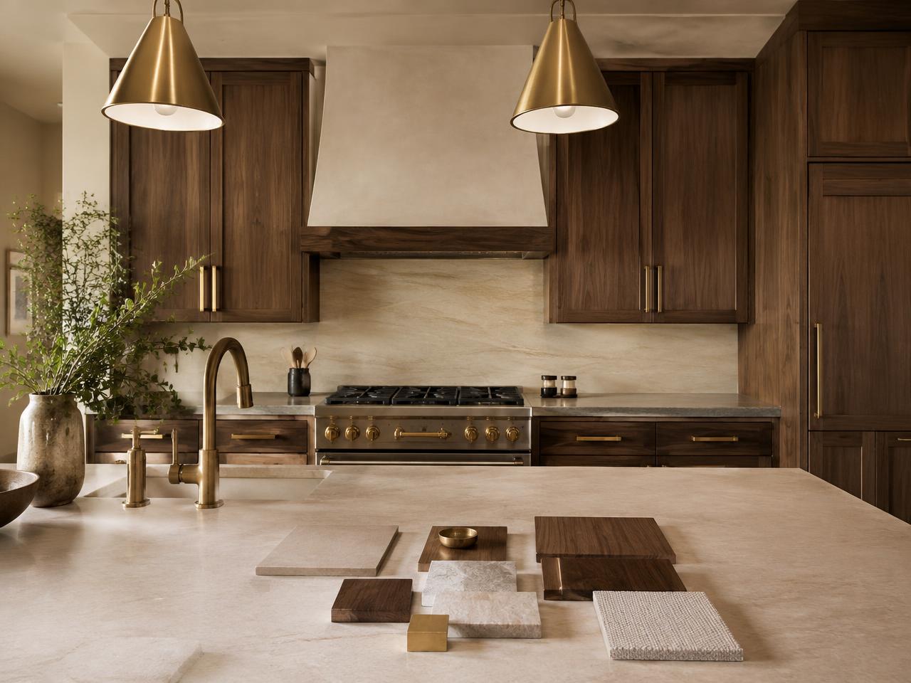 Walnut kitchen with brass fixtures and stone and wood finish samples on the island