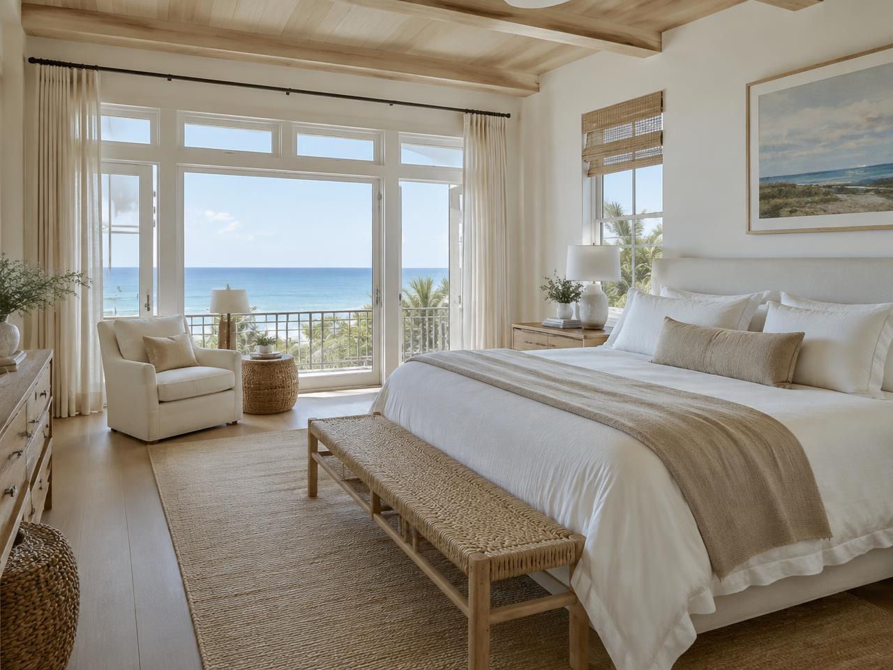 Modern coastal bedroom with white linen bedding and an ocean view