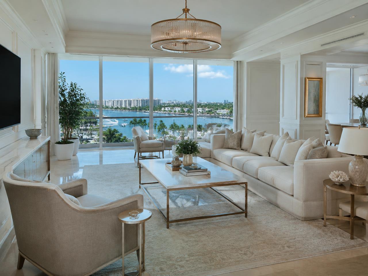 Bright waterfront condo living room with neutral sectional and intracoastal views